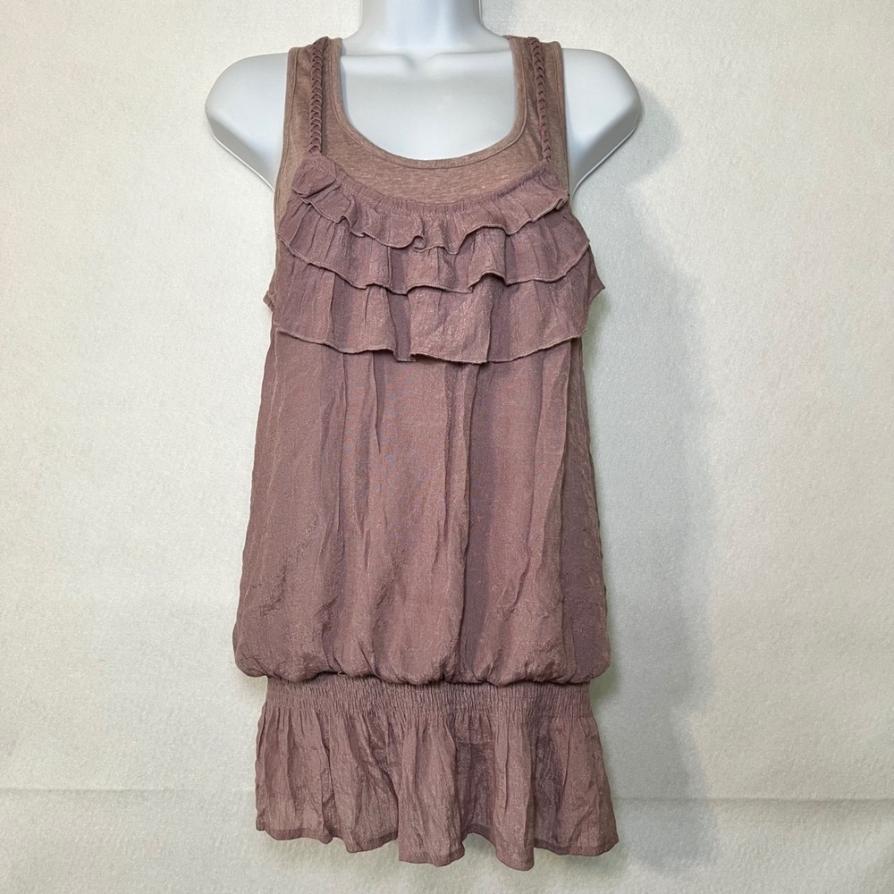 Blue Bird Mauve Romantic Boho Y2K Ruffle Smocked Hem Braided Strap Tank Top Lg